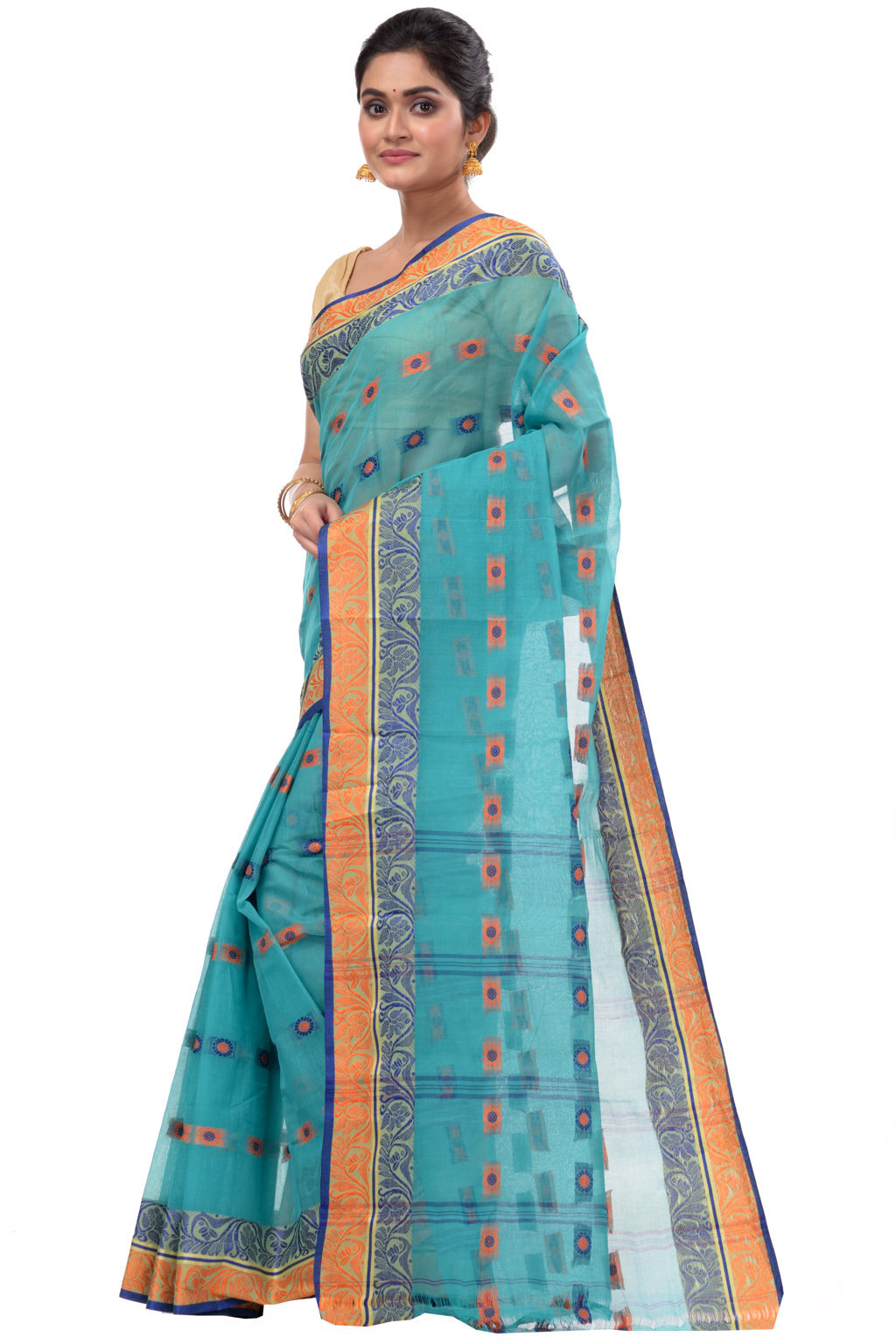 Green Pure Cotton Pushti Desiging Tant Saree (233)